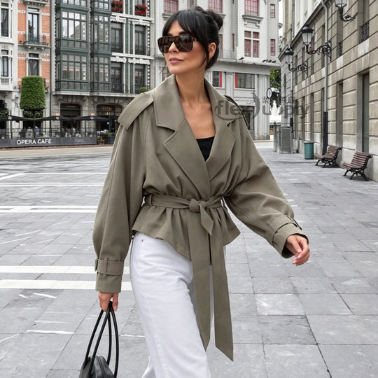 Damen nan gewickelte Cropped-Jacke mit oversized Raglanärmeln und breitem Bindegürtel EB