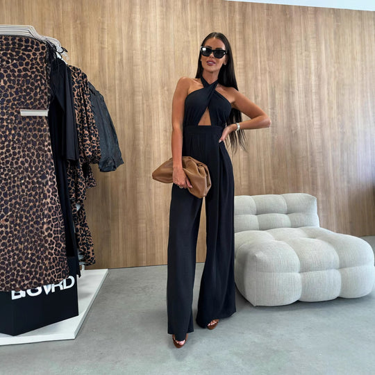 Damen Jumpsuit mit tiefem V-Ausschnitt und weiten Beinen EB