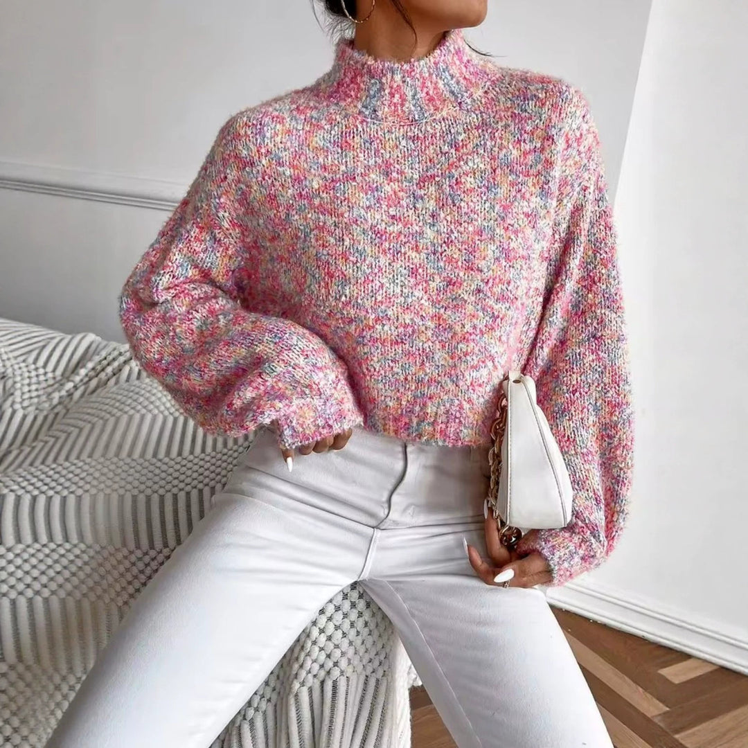 Damen Kurzgeschnittener Oversize-Pullover mit Stehkragen, mehrfarbigem Bouclé-Muster und Ballonärmeln EB