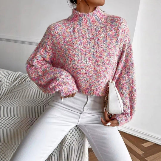 Damen Kurzgeschnittener Oversize-Pullover mit Stehkragen, mehrfarbigem Bouclé-Muster und Ballonärmeln EB