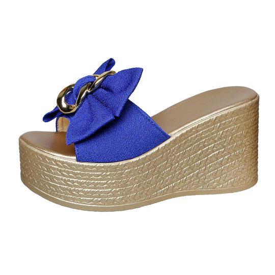 Damen Wedge-Pantoletten mit großem Schleifen-Detail und goldenem Akzent EB
