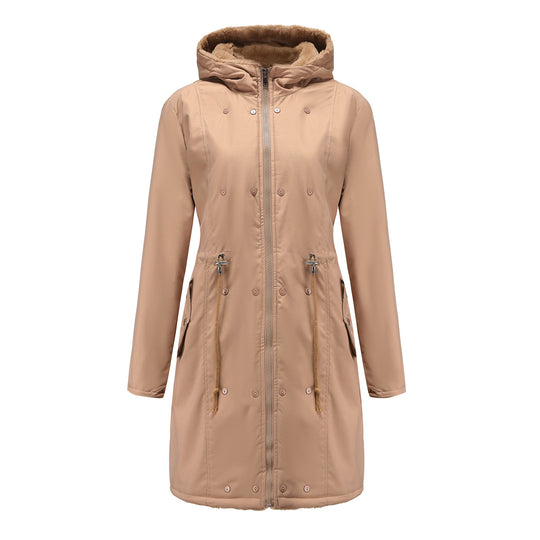Damen modische Lange Jacke mit Kunstfellbesatz EB