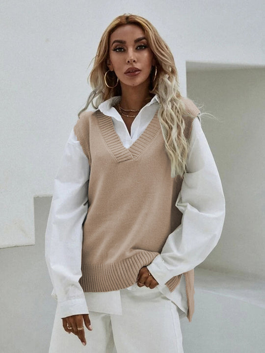 Damen Strickweste mit V-Ausschnitt und modernen Details EB