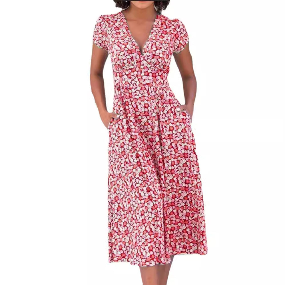 Damen Maxi-Kleid mit floralen Mustern und Taschen EB