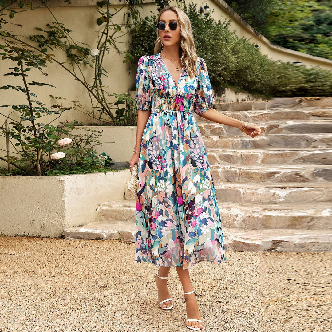 Damen Maxi Kleid mit 3/4-Ärmeln und floralem Design EB