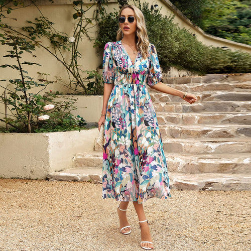 Damen Maxi Kleid mit 3/4-Ärmeln und floralem Design EB