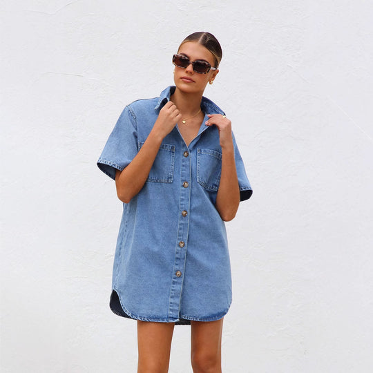 Damen Denim Hemdkleid mit kurzen Ärmeln und praktischen Taschen EB