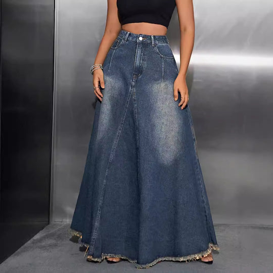 Damen langer Jeansrock mit fransigem Saum EB