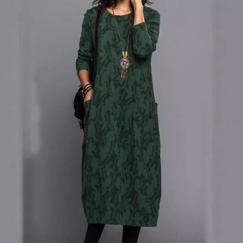 Damen Casual Kleid mit modernen Blätter-Druck und praktischen Taschen Heidi-Mode