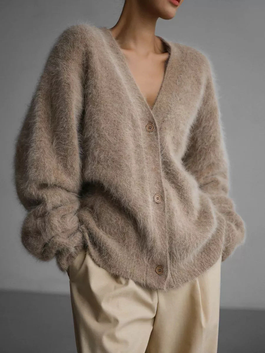 Damen gemütlicher Strickcardigan mit weichem Flauschmaterial und modischem Knopfdetail EB