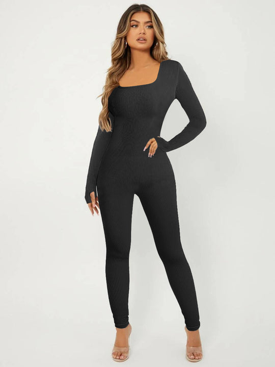Damen Langarm Jumpsuit im eleganten Rippenmuster EB