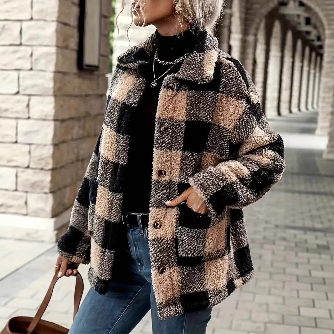 Damen Kuschelige Karofleecejacke im Casual-Stil EB