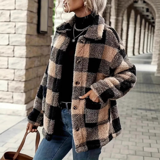 Damen Kuschelige Karofleecejacke im Casual-Stil EB