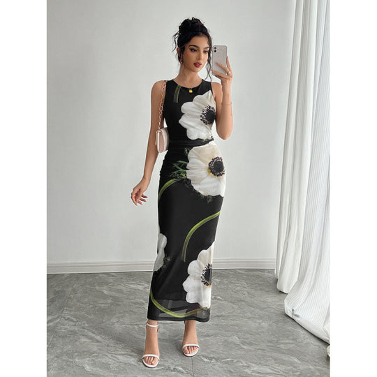 Damen Maxikleid mit floraler Druckgestaltung und figurbetontem Schnitt EB