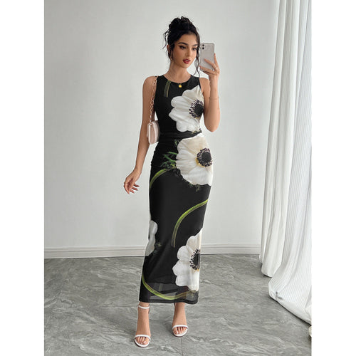 Damen Maxikleid mit floraler Druckgestaltung und figurbetontem Schnitt EB