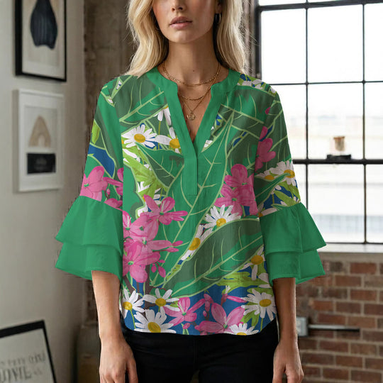 Damen Blusenshirt mit voluminösen Ärmeln und floralem Muster EB