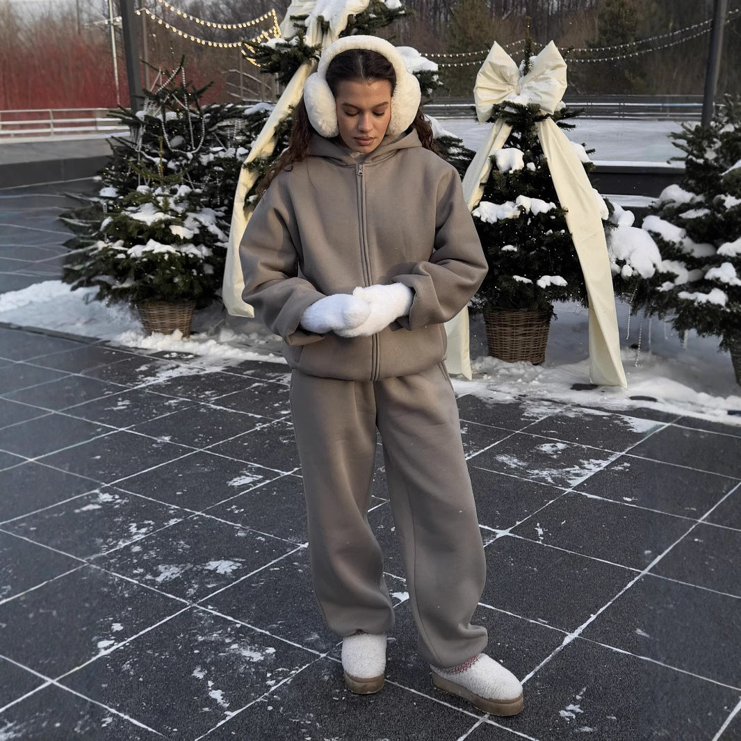 Damen Komfort-Kapuzen-Zipjacke mit verdecktem Reißverschluss, Kängurutasche und gerader Sweat-Hose EB