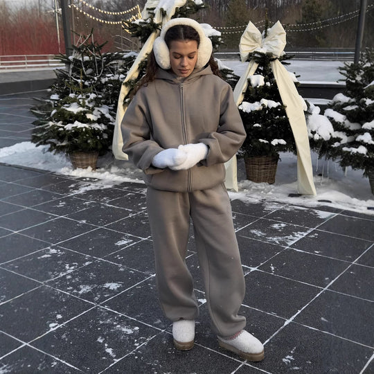Damen Komfort-Kapuzen-Zipjacke mit verdecktem Reißverschluss, Kängurutasche und gerader Sweat-Hose EB