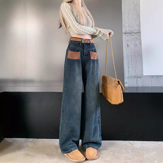 Damen Weite Jeanshose mit modischen Taschen und hohem Bund EB