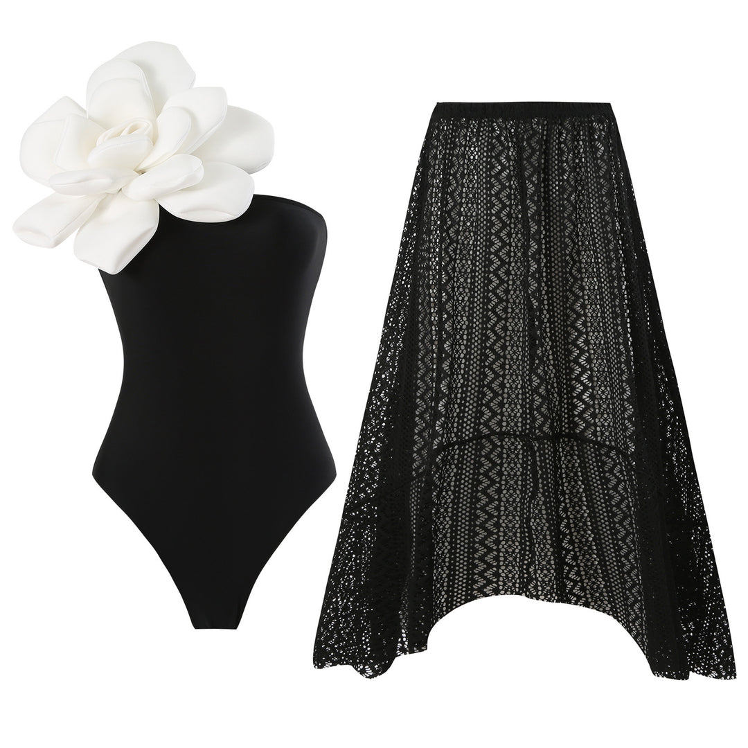 Damen Eleganter Badeanzug mit großem Blumen-Detail und transparentem Überrock EB