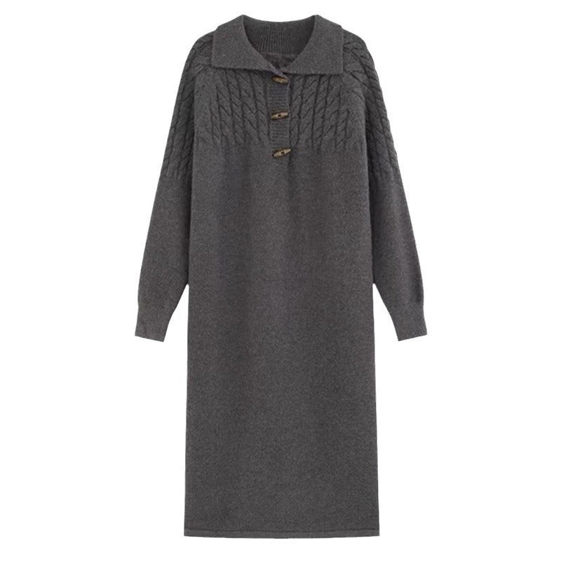 Damen Strickkleid mit Kragen und Knopfdetails EB