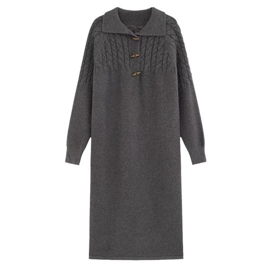 Damen Strickkleid mit Kragen und Knopfdetails EB