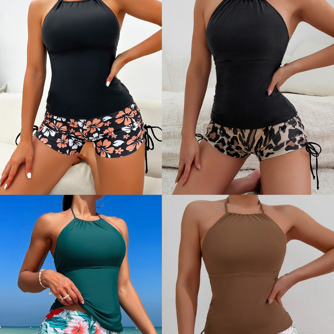 Damen Sport Top mit verstellbarem Nackenträger und floralem Muster Shorts EB