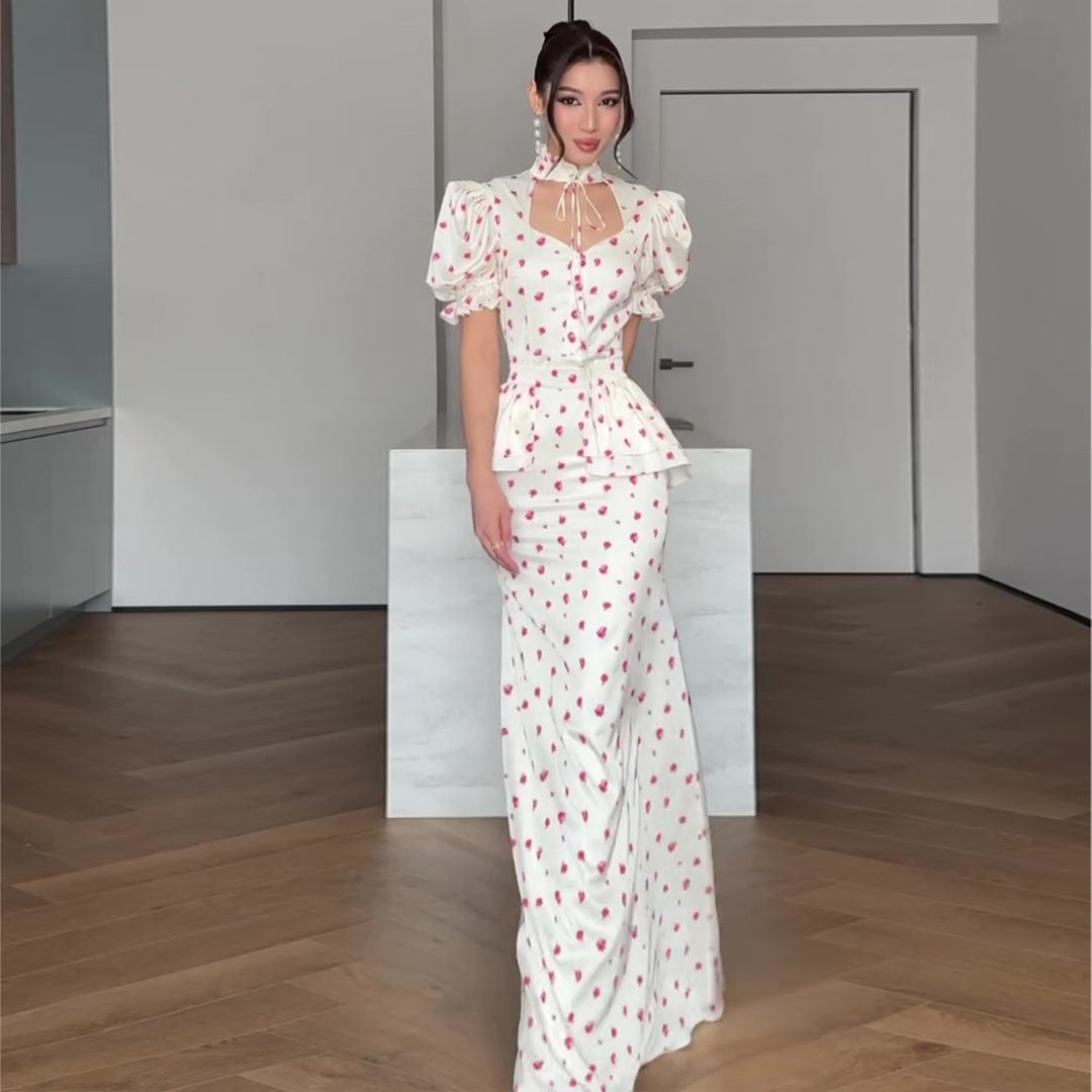 Damen Maxikleid mit romantischem Puffärmel-Design und verspieltem Rüschensaum EB