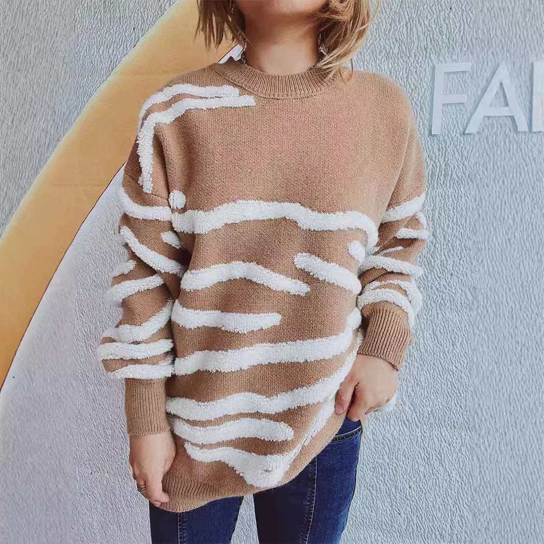 Damen lässiger Strickpullover mit modernem Zebrastreifenmuster EB