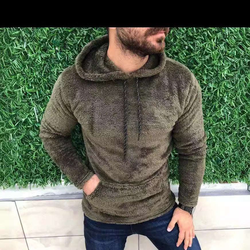 Herren nan Teddy-Plüsch Kapuzenpullover mit schmaler Passform und Kängurutasche EB
