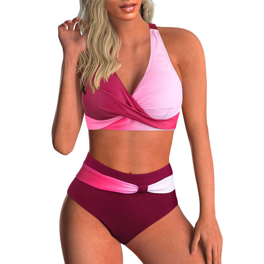 Damen Sportliches Crop-Top Bikini-Set mit hoch taillierter Hose EB