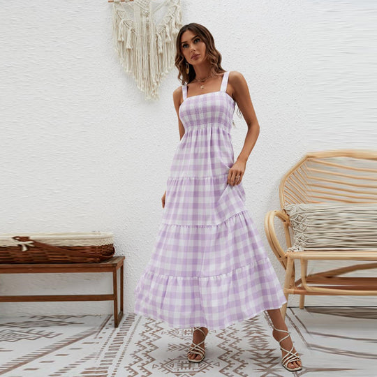Damen Boho-Langkleid mit luftigen Rüschendetails und schmalen Spaghettiträgern EB