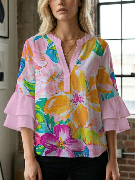 Damen Bluse mit voluminösen Rüschenärmeln und floralem Muster EB