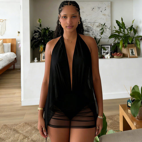 Damen kurzes lässiges Strandkleid mit tiefem V-Ausschnitt und fließender Silhouette EB