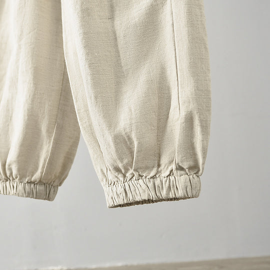 Damen lässige Leinenhose mit elastischem Bund und seitlichen Taschen EB