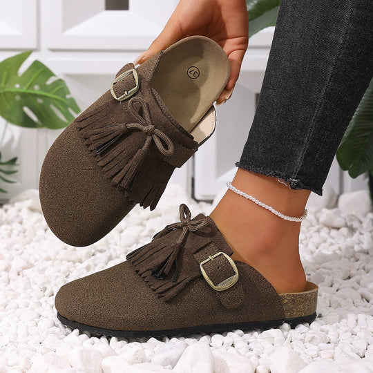 Damen Clogs mit dekorativen Fransen und verstellbarem Schnallenverschluss EB