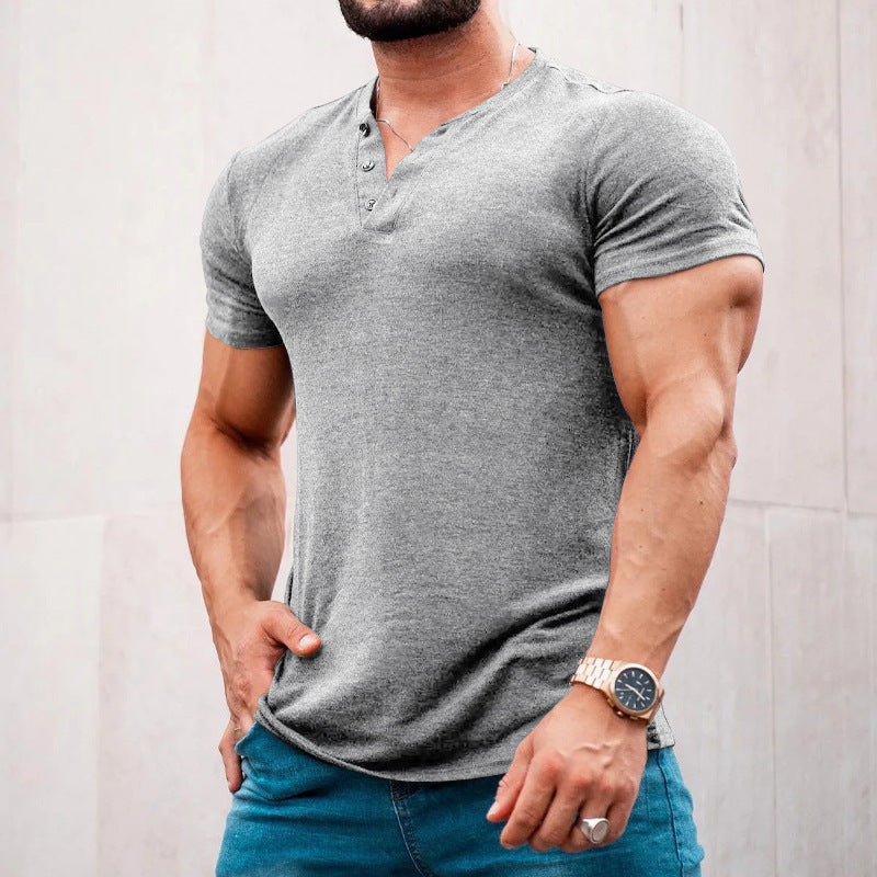 Herren nan muskelbetontes Kurzarmshirt mit Knopfleiste und V-Ausschnitt aus Baumwollstretch EB