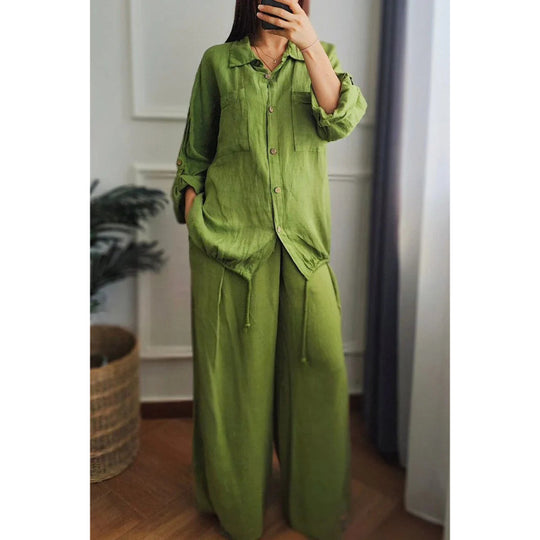 Damen Leinen-Set mit weiten Hosen undlässiger Bluse EB