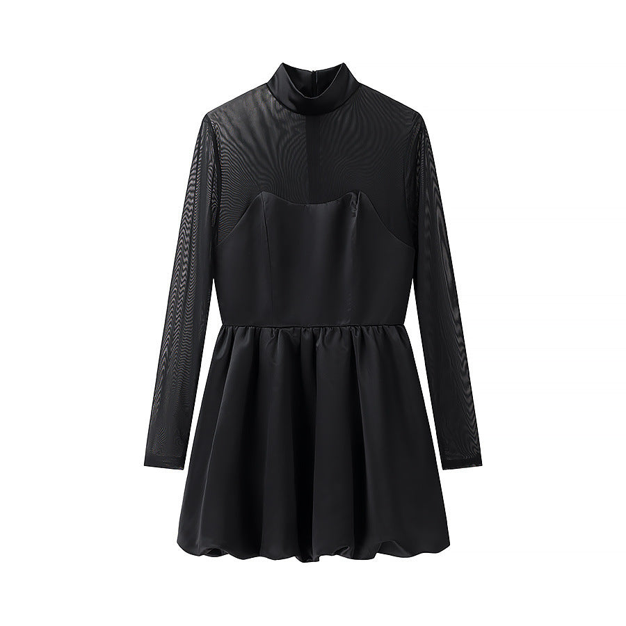 Damen elegantes Auftakt-Kleid mit transparenten Ärmeln und hohem Kragen EB