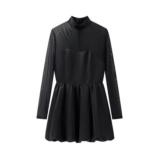 Damen elegantes Auftakt-Kleid mit transparenten Ärmeln und hohem Kragen EB