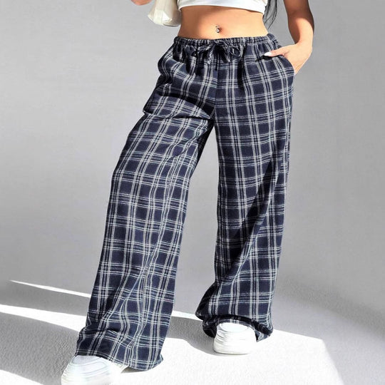 Damen Weite Karo Freizeithose mit elastischem Bund und Kordelzug EB