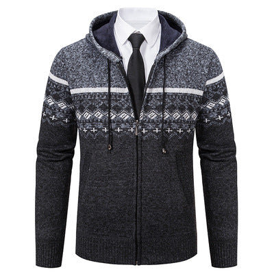 Herren stilvolle Strickjacke mit Kapuze und Norweger-Muster EB