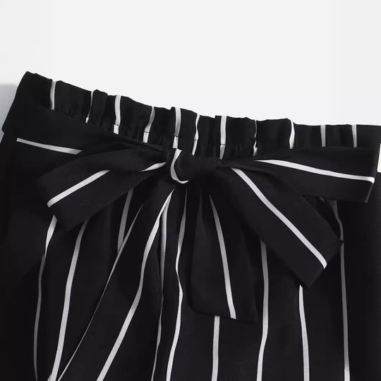 Damen gestreifte Freizeit-Shorts mit elastischem Bund und Bindegürtel EB