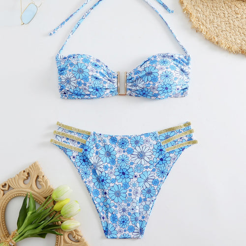 Damen Bikini-Set mit floralem Design und goldenen Akzenten EB