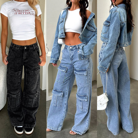 Damen nan High‑Waist Utility-Denimhose mit aufgesetzten Knie-Patches, Cargo‑Taschen und weitem Schlag EB