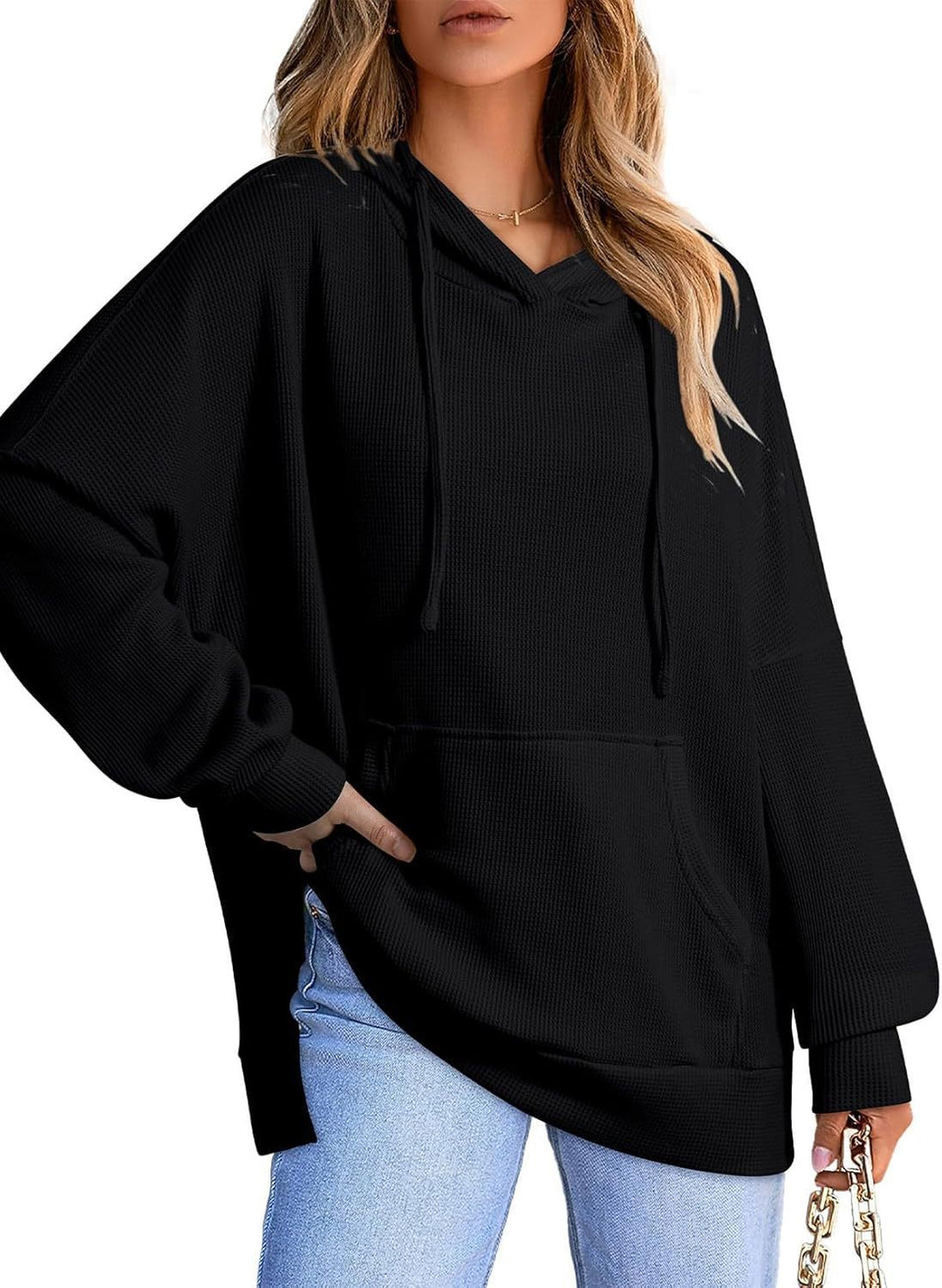 Damen Oversized Kapuzenpullover mit praktischen Taschen und seitlichen Schlitzen EB