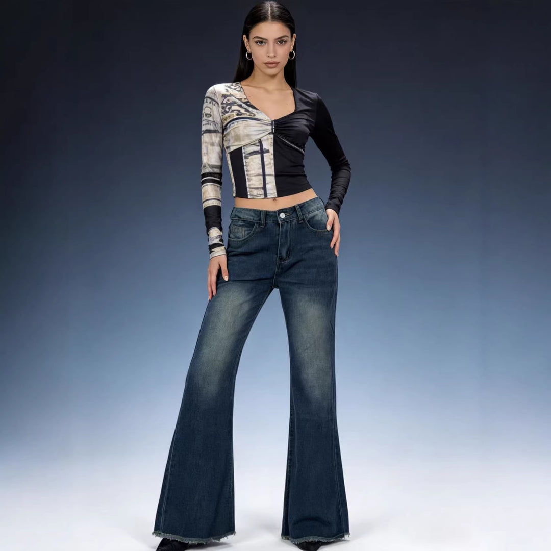 Damen nan hochgeschnittene Stretch-Flared-Jeans mit ausgefranstem Saum und taillierendem Five‑Pocket-Schnitt EB