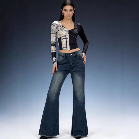 Damen nan hochgeschnittene Stretch-Flared-Jeans mit ausgefranstem Saum und taillierendem Five‑Pocket-Schnitt EB