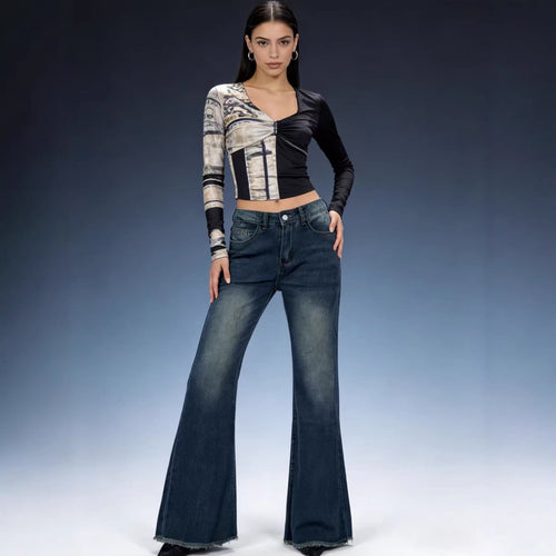 Damen nan hochgeschnittene Stretch-Flared-Jeans mit ausgefranstem Saum und taillierendem Five‑Pocket-Schnitt EB