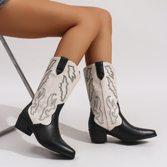 Damen nan Cowboystiefel im Westernstil mit mittelhohem Blockabsatz spitzer Zehenkappe und dekorativer Stickerei EB